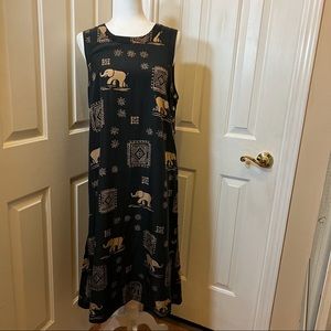 Original TY Wear Elephant Print Black Tan Sleeveless Midi Shift Dress Size 12P